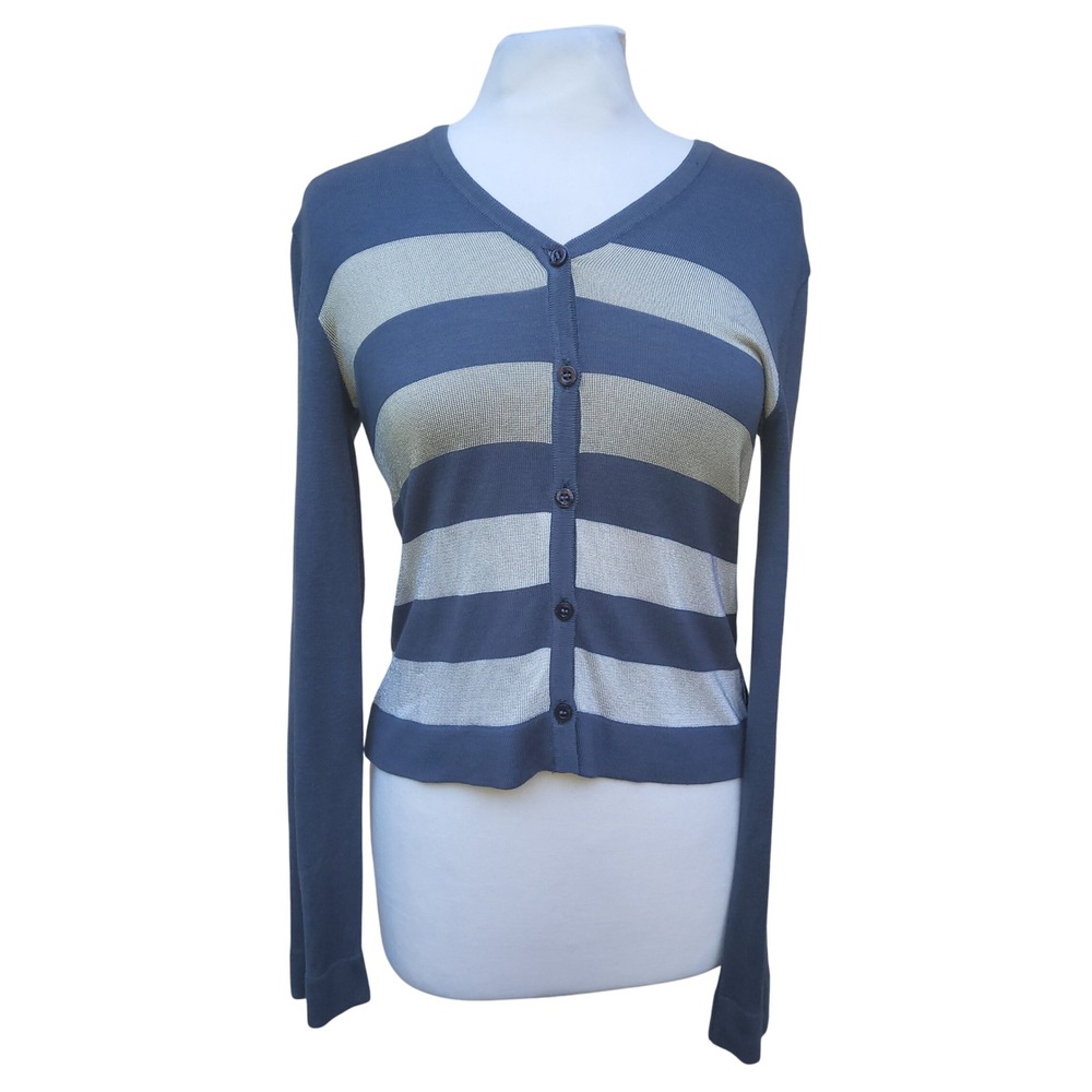 Armani Jeans Gray Gold Sliver Striped Button V-Neck Long Sleeve Sweater 10